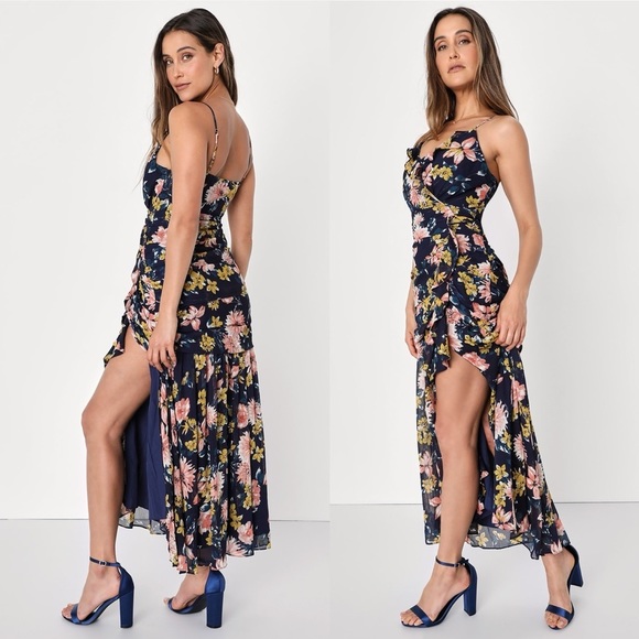 Lulu's Floral Midi Dress in Navy and Pink - Picture 2 of 16